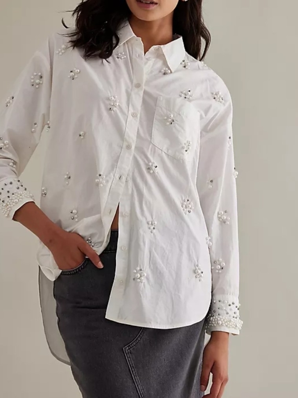 Maeve Embellished White Button-Up Shirt - Elegant Pearl Detail Size S